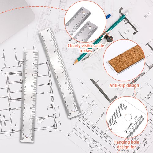 4PCS Cork Backed Ruler Stainless Steel Ruler 6/8/12/14 Inch Non-Slip Straight Edge Rulers with Inch and Centimeters Metal Rulers Cork Backed for Drawing Engineering