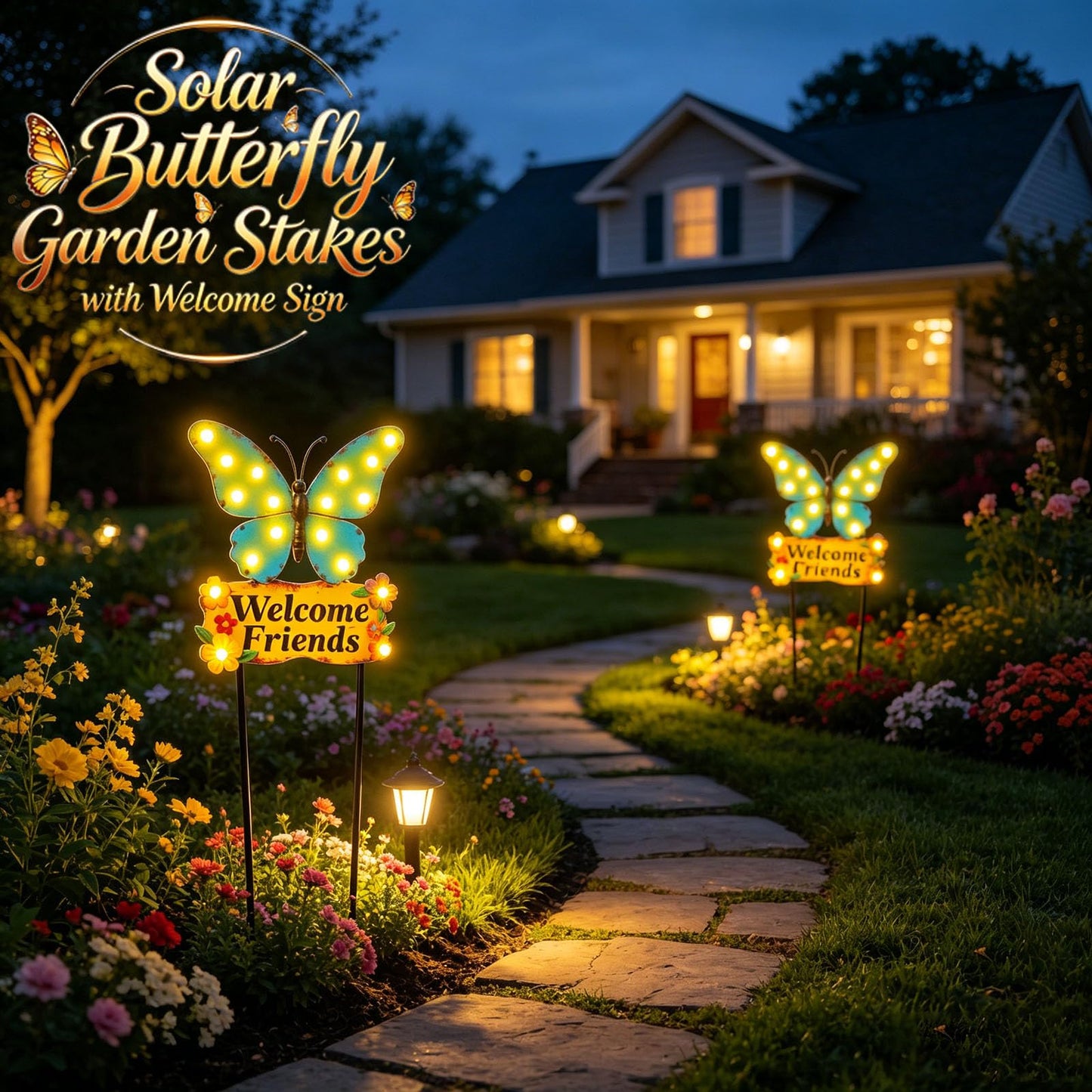 Decorative Garden Stakes Large 45" with 18 Bulbs Solar String Lights Outdoor Waterproof, Butterfly Solar Lights for Outside with Welcome Friends Garden Sign for Yard, Patio, Pathway