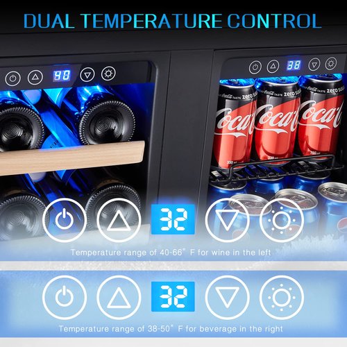 24 Inch Wine and Beverage Fridge, Wine Refrigerator Dual Zone Hold 20 Bottles and 78 Cans,Built-In or Freestanding Digital Touch Control