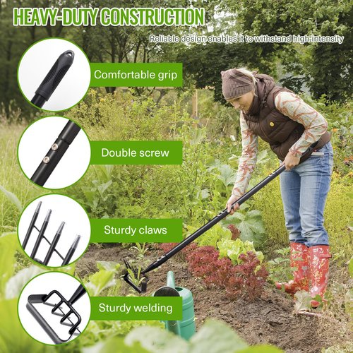 MASYHLEST Garden Hoe, Heavy Duty Stirrup Hoe with 30-63" Adjustable Long Handle, Hula Hoe Garden Tool for Weeding, Double Action Scuffle Loop Hoe with Cultivator Rake for Loosening Soil for Gardening