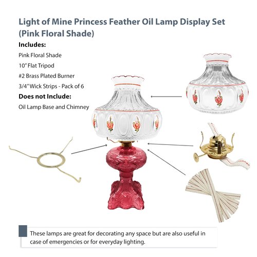 Light of Mine - Princess Feather Oil Lamp Replacement Kit Including 10" Pink Floral Shade, #2 Brass Plated Burner, 10" Flat Tripod, Replacement 3/4" Wick Strips