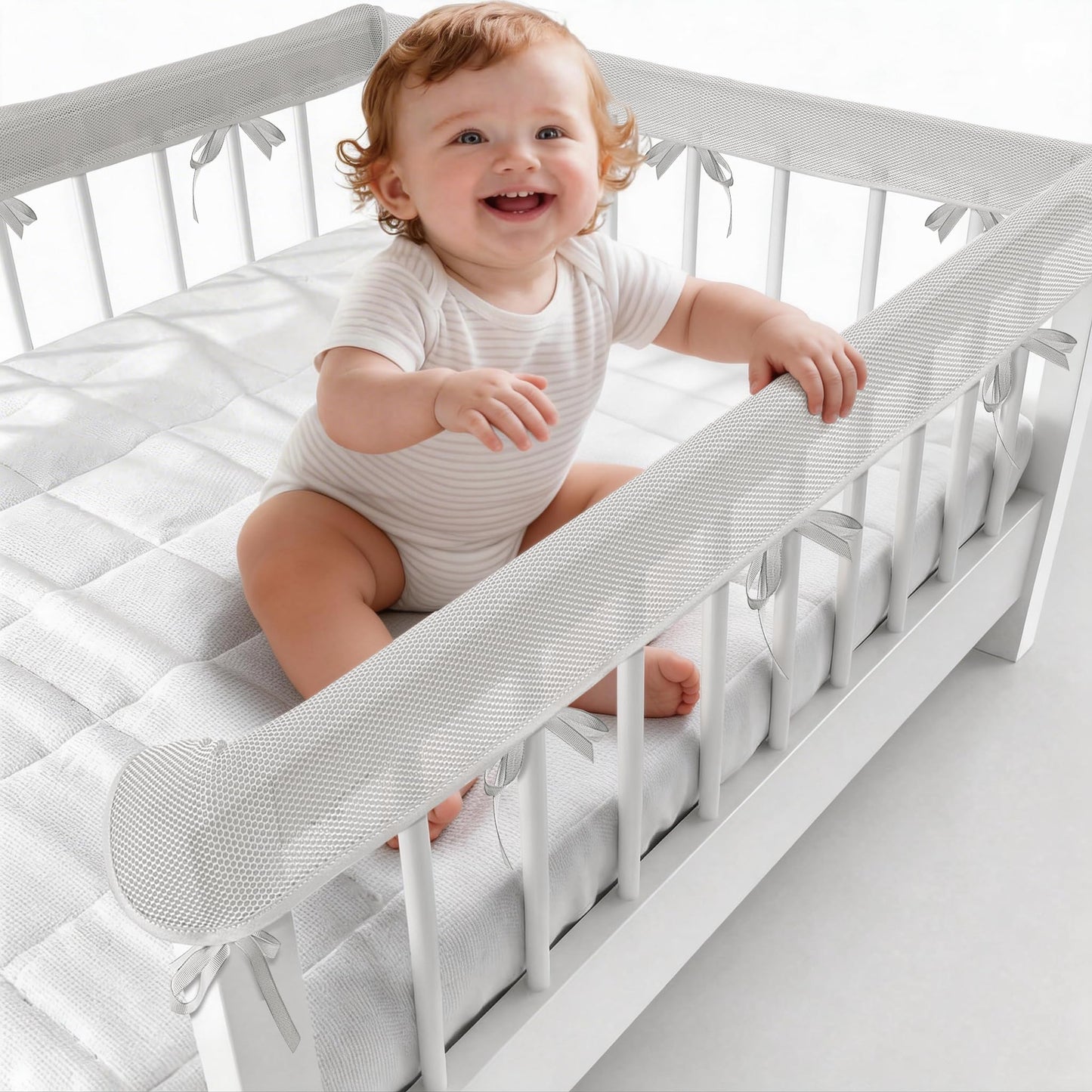 ZHAXINLAOTIE 3 in 1 Breathable Crib Rail Covers for Life Size Cribs,White Soft Anti-Collision Strip Corner Covers,Protect Baby Teeth and Save Crib Rails, Rail Edge Protector Strip (4pc-Gray)