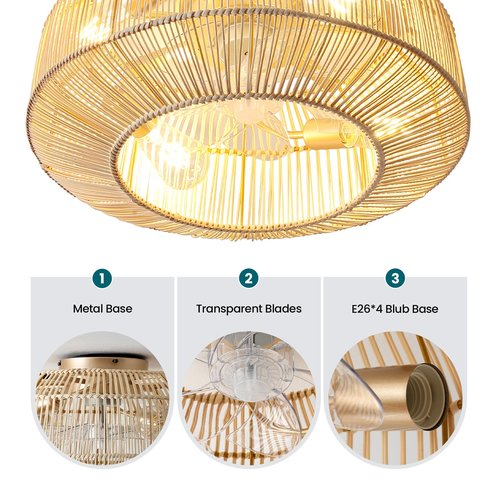 20" Boho Rattan Ceiling Fan with Lights, Flush Mount Caged Ceiling Fan with Remote, 6 Speed, Timing, Reversible Blades Enclosed Farmhouse Fan Lights for Bedroom, Kitchen