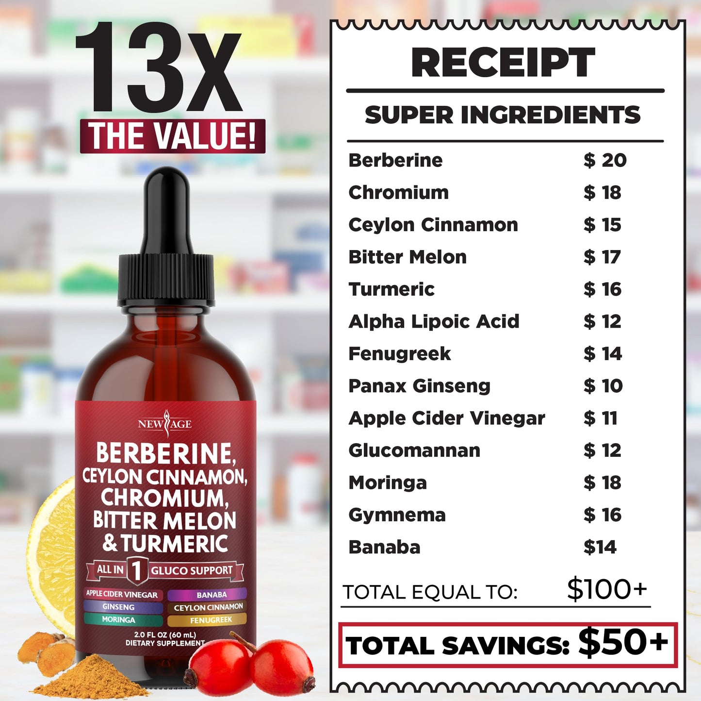 Berberine with Ceylon Cinnamon Supplement Liquid Drops + Bitter Melon Extract, Glucomannan, Gymnema, Chromium, Turmeric, Panax Ginseng, Moringa- 8 OZ