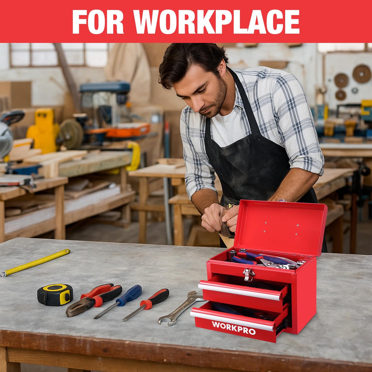 WORKPRO Portable Mini Tool Box, 2 Drawers Metal Tool Chest with Ball Bearing Slides, Top Storage and Lockable Latches, Ergonomic Carrying Handle, Mechanic Toolbox with PVC Liners and PP Feet Pads