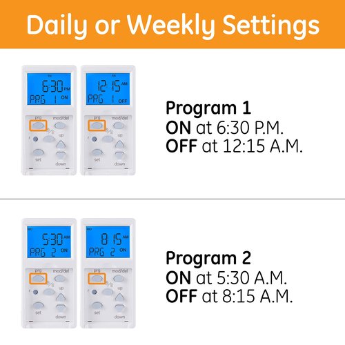 GE SunSmart Digital In-Wall Timer - Daily ON/OFF Times, Programmable Settings, Sunset/Sunrise Presets, Vacation Security - White & Almond Light, Fan, Heater Switch - 32787