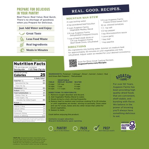 Augason Farms Vegetable Medley Blend 4-Gallon Pail, Certified Gluten Free, Emergency Food Supply, Everday Meals, 778 Servings