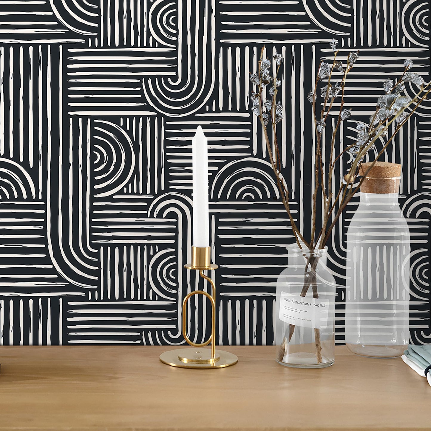 Livelynine Geometric Peel and Stick Wallpaper Black and White Modern Mid Century Geometric Abstract Wall Paper Contemporary Minimalist Lines 17.5x78.8 Geometric Pattern Contact Paper for Cabinets