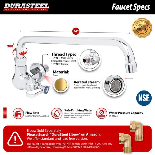 DuraSteel Wall Mounted Commercial Kitchen Wok Range Faucet with 14-Inch Swivel Spout - Single Hole Body & Handle - Brass Constructed & Chrome Polished