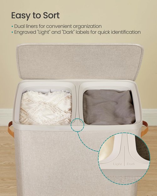 SONGMICS Laundry Basket, 44.9 Gal. Laundry Hamper, 2 Compartments, Easy Assembly, with Lid and Handles, Removable Inner Bags, 22 x 15.7 x 29.5 Inches, Cappuccino Beige ULCB813L01