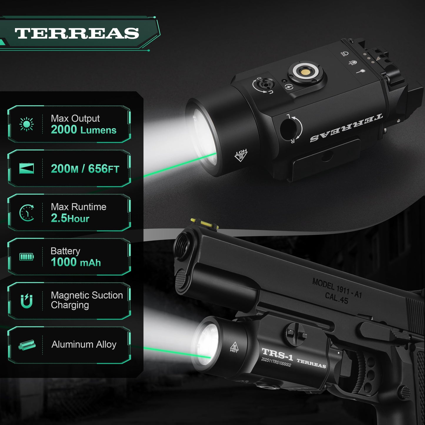 Terreas Upgraded 2000 Lumens Magnetic Rechargeable Weapon Light & Green Laser Combo, Aluminum Alloy Tactical Flashlight with Adjustable Rail, Strobe Mode, Fits Most Picatinny/GL Rail & Holsters