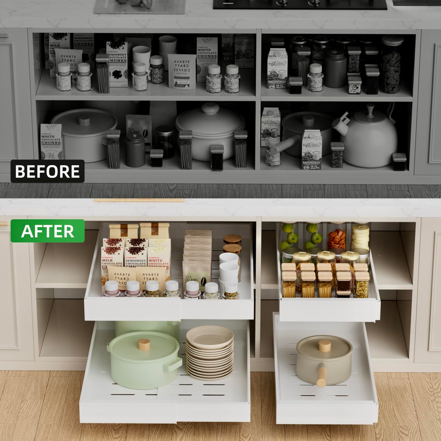 PAKETA 4 Pack Expandable Pull Out Cabinet Organizer, 21'' Deep Pull Out Drawers for Cabinet, Upgrade 3 Slide Rails Sliding Drawers for Cabinets with Adhesive Nano Film (White, 21"D X 9-14"W)