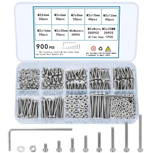 TOOINKCV 900 Pcs M2 Screws, Nuts and Washers Set - Hex Socket Head Cap Screws Kit - Stainless Steel Bolts Assortment - Metric Machine Screws With Fully Threaded Hex Nuts