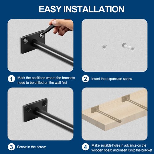 8 Pcs 6" Black Solid Steel Floating Shelf Bracket Blind Shelf Supports - Hidden Brackets for Floating Wood Shelves - Concealed Blind Shelf Support – Screws and Wall Plugs Included