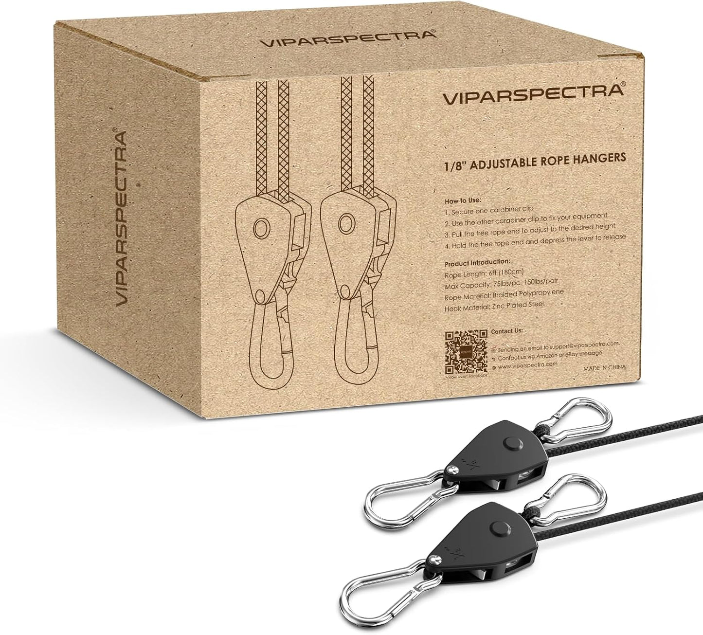 VIPARSPECTRA Retractable Heavy Duty Ratchet Tie Down Straps [4 Pack, 8ft, 75lbs/Pack], Rope Pulley System Rollers with Carabiner Hook for Kayak/Hanging Plants/Grow Light/Tents Various Tie-Down Uses