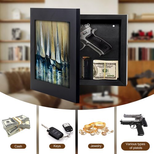 Hidden Gun Safe Cabinet with Lock – Wooden Wall-Mounted Concealment Shelf, Secret Compartment Furniture for Handgun Storage, Hidden Gun Shelf for Home Decor