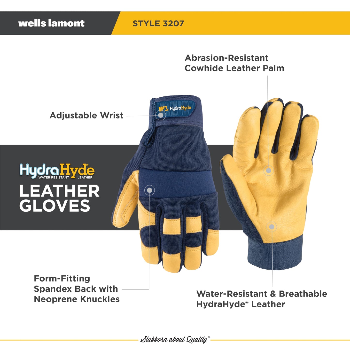 Wells Lamont Men's Leather Palm Work Gloves | Heavy Duty, Form Fitting for Improved Dexterity | Made with Water-Resistant HydraHyde, Blue, Large (3207L)