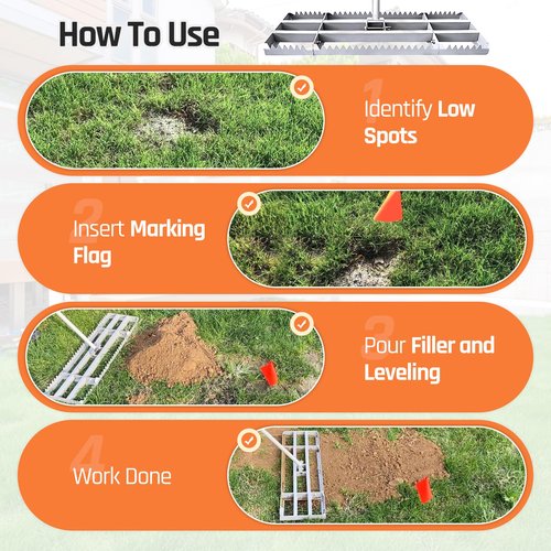 Lawn Leveling Rake, 30in / Double Side can Switch, with 20pc Marking Flags to Mark Low Spot, Stainless + Powder-Coat, FLAT Level Soil/Dirt/Compost on Lawn, SERRATED Rake Dead Grass/Ruts/Gravel on Yard