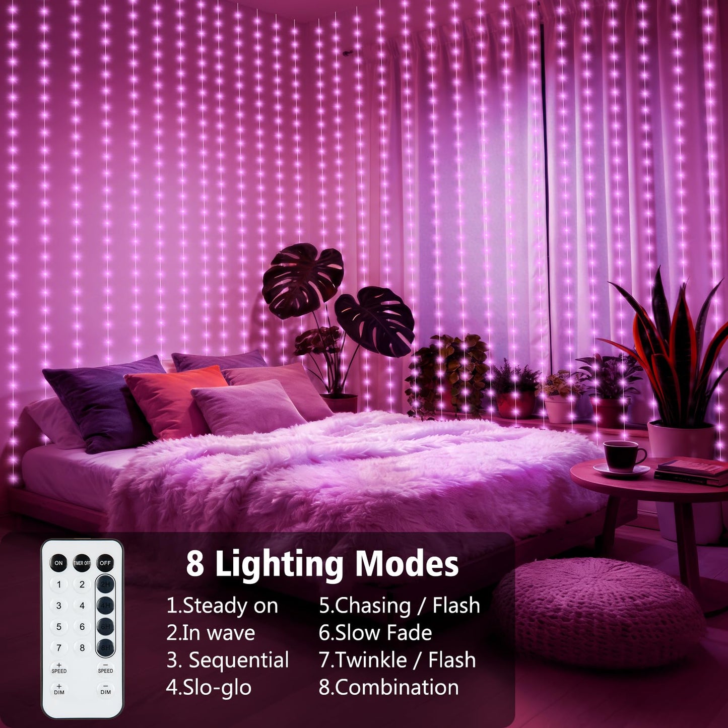 echosari Fairy Curtain Lights Battery Operated, 300 LED Indoor Curtain Lights 9.8 x 9.8Ft with Timer Hooks for Children' s Bedroom Wedding Backdrop Decor (Pink)
