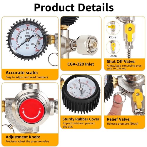 Imaictuu CO2 Regulator Beer Regulator CGA-320 Kegerator Regulator CO2 Beer Keg Regulator with 0-55PSI Working Pressure,CO2 Keg Pressure Regulator for Home Brewing