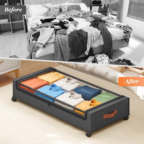 Yecaye Under Bed Storage with Wheels 2 Pack, 65L Large Capacity Under Bed Storage Containers with Metal Frame & Clear Lid, Rolling Underbed Organizer Bins Drawers for Clothes, Shoes, Blankets, Grey