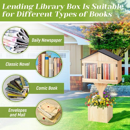 Wonderjune Wooden Little Library Box Outdoor Free Library, Large Size, Double Door Box Storage with Floor Plugs and Small Flower Fence for DIY Neighborhoods, Community, Literature, Newspapers