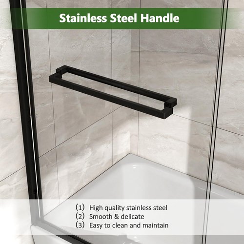 Double Sliding Bathtub Door Glass Tub Door, 1/4''(6mm) Tempered Glass, Adjustable Width, Easy to Install & Clean, 56-60''W×58''H, Matte Black