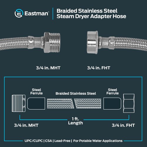 Eastman Steam Dryer Adapter Hose, 3/4 Inch F.I.P x 3/4 Inch F.I.P Connectors, 1 ft Braided Stainless Steel Hose, 41021