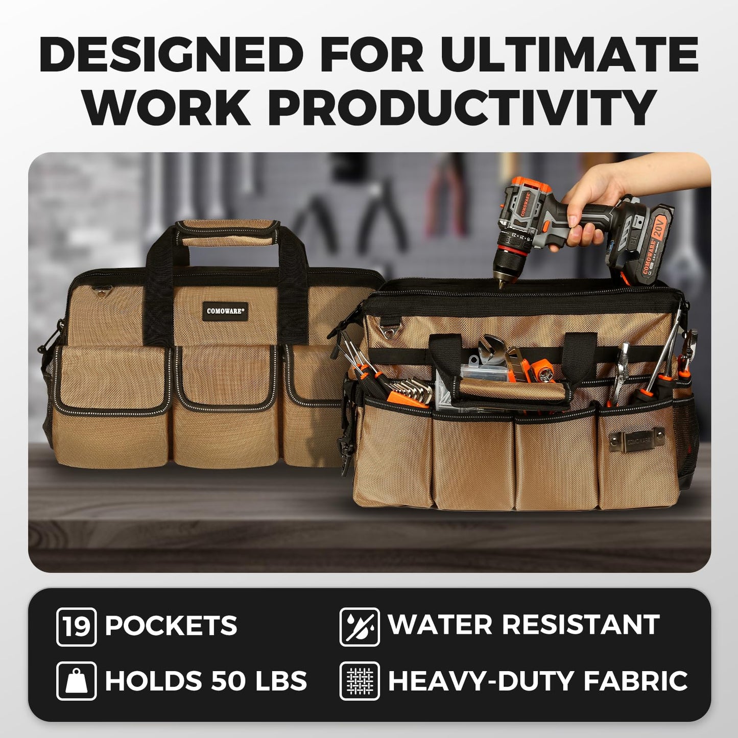 COMOWARE 16" Tool Bag, 19-Pocket Heavy Duty Tool Organizer with Adjustable 51.2" Shoulder Strap, 1680D Oxford Fabric & PVC Coating, Reflective Strips, Tactical Loops, Mechanics, Plumbers, DIY