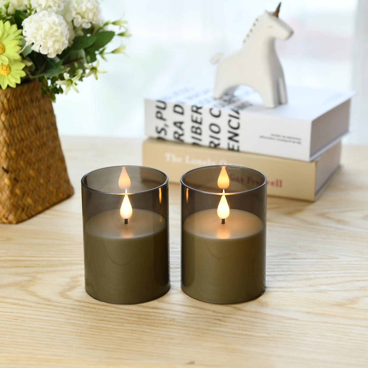 Guluto Flameless Flickering Candles, Non-breakable Battery Operated Candles, D 3" xH 4", Set of 2, Led Acrylic Grey Electric Pillars Candle with Remote and Timers for Wedding Party Romantic Decor