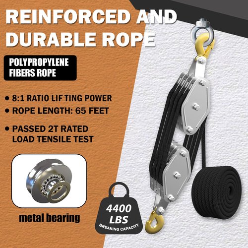 YATOINTO Rope Hoist Pulley System, 4400LB Pulley Block and Tackle, 8:1 Ratio Lifting Power 65ft, Heavy Duty Pulley Block for Hunting Lifting Heavy Objects Garage Warehouses Building