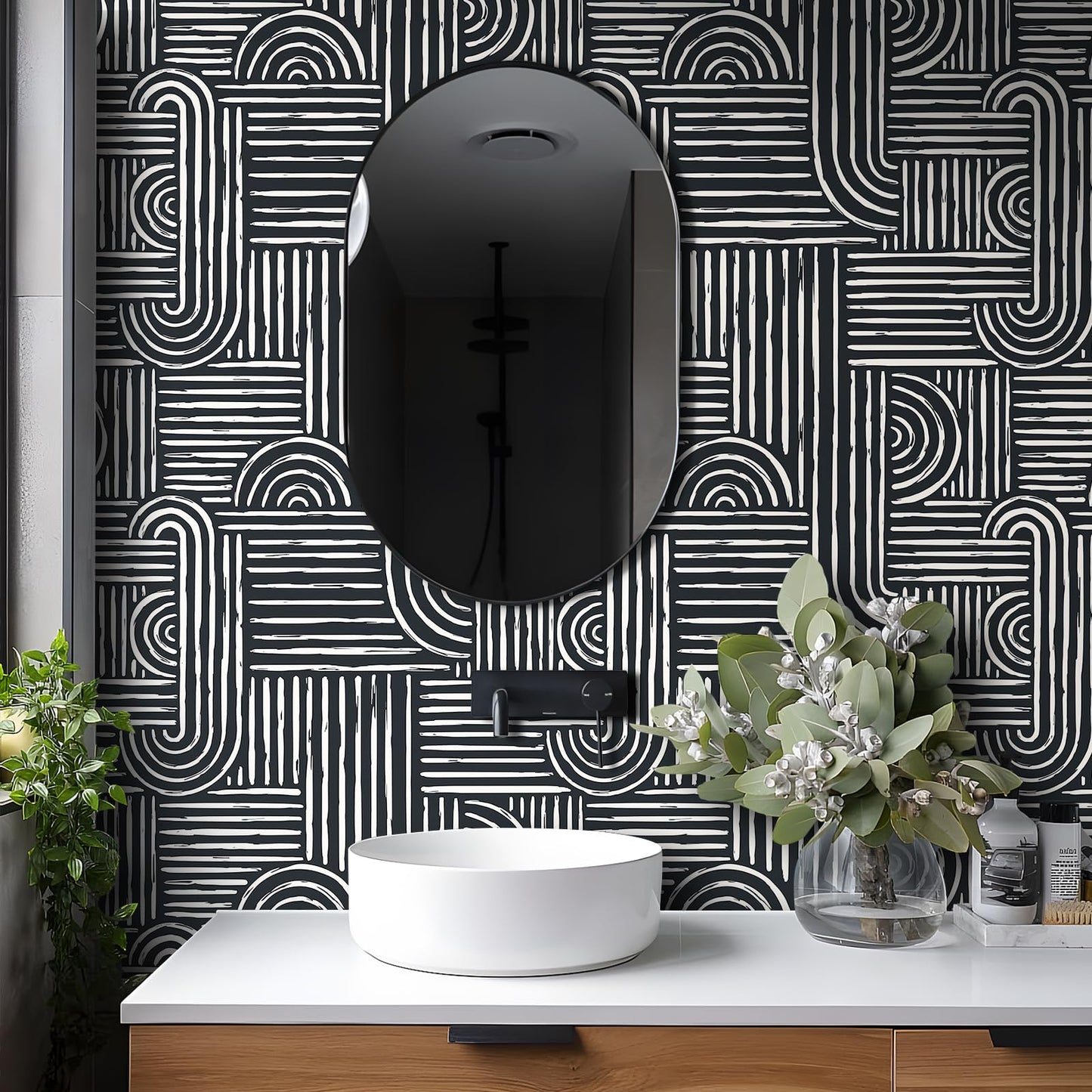 Livelynine Geometric Peel and Stick Wallpaper Black and White Modern Mid Century Geometric Abstract Wall Paper Contemporary Minimalist Lines 17.5x78.8 Geometric Pattern Contact Paper for Cabinets