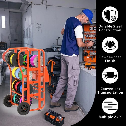 Wire Spool Rack Wire Caddy for Spool, Portable Wire Rack Dispenser with Wheels, Automotive Wire Storage, Multi-Spool Wire, Cable Dispenser, Electrical Wire Spool Holder Cart with Storage Tray (Orange)