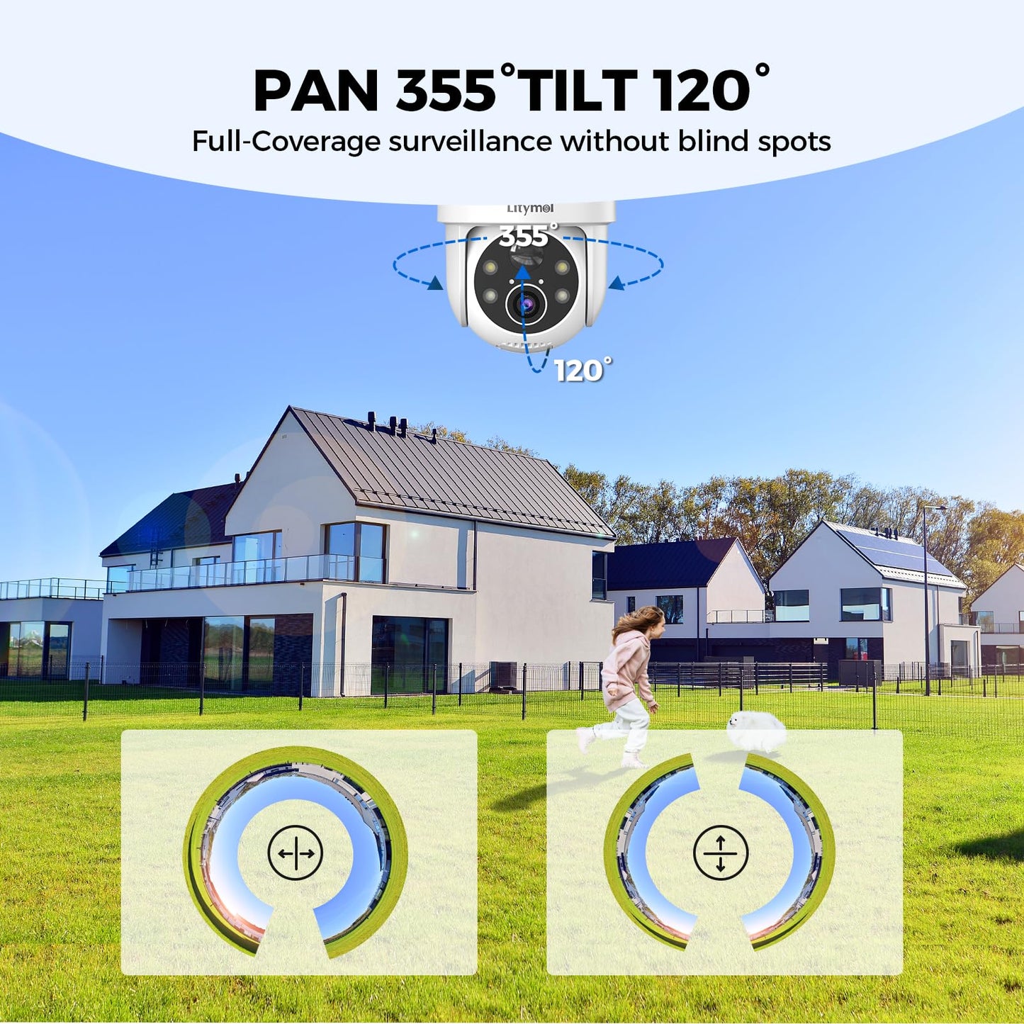 LITYMOL 2K 360° View Security Cameras Wireless Outdoor, Solar Cameras for Home Security, Color/IR Illumination Night Vision, AI Detection, 2-Way Audio, Siren Alarm, SD/Cloud Storage, 2.4g WiFi