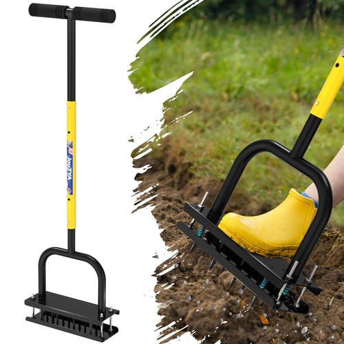 JouZYA Lawn Aerator Tool, Lawn Aerator with 12 Spikes, Automatic Leaf and Dirt Cleaning with Spring-Loaded Design, Metal Manual Aerator for Loosening Soil Aerating Patio, Yard, Garden