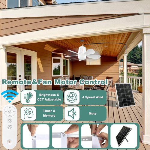 Gliztech Solar Ceiling Fan Light, 20000mAh Portable Gazebo fan with 30W Solar Powered Fan with Remote Control, Outdoor Ceiling Fan with Light for Patios, Canopy, Shed, RV, Porch and Chicken Coop