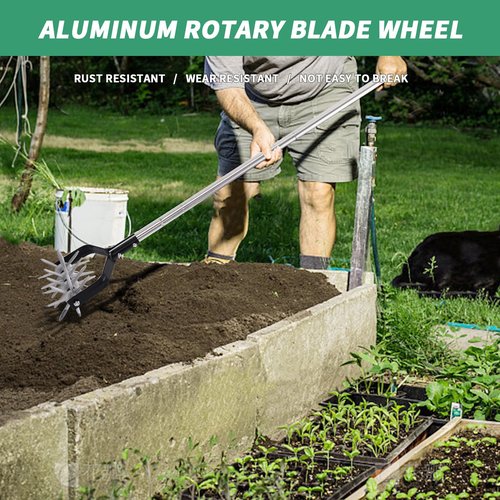 BARAYSTUS Rotary Garden Tool, Adjustable Hand Tiller, Long Handle Cultivator for Aerating, Weeding, Planting and Mixing Soil or Reseeding Grass
