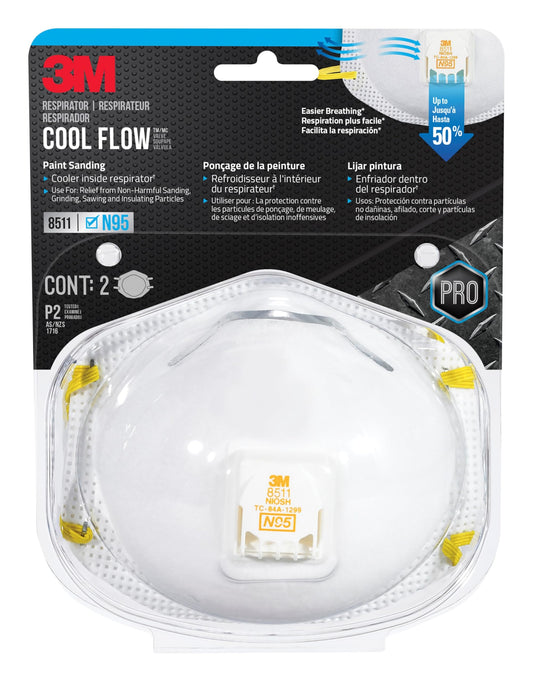 3M N95 Respirator 8511, Cool Flow Valve, 2 Pack, NIOSH-APPROVED, Advanced Filter Media For Easy Breathing, Comfortable For Long Periods Of Wear, Helps Filter Pollen, Mold Spores & Dust (8511PA1-2A-PS)