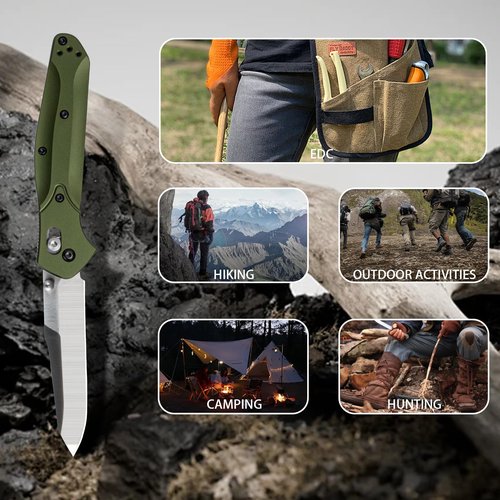 Pocket Knife, Reverse Tanto Blade EDC Folding Knife, 3.2" D2 Steel Blade with Green Aluminum Handle and Reversible Pocket Clip, Gifts for Men Women Camping Hiking