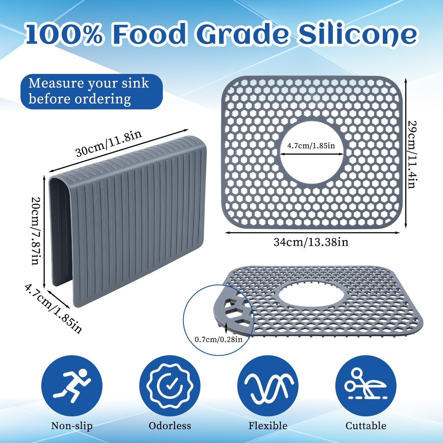 3pcs Grey Kitchen Sink Mats and Sink Saddle Set,13.38 X 11.4inch Non-Slip Heat Resistant Silicone Sink Mat Sink Bottom Grid Sink Divider Center Drain