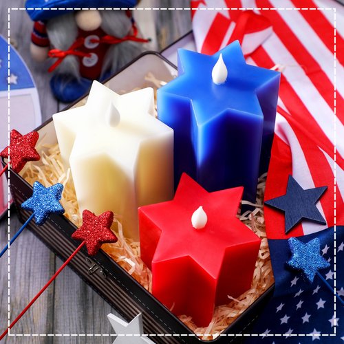 4th of July Patriotic Flameless Candles – Set of 3 Red White Blue Flameless LED Pillar Candles with Remote, Timer, Flicker Mode, Made of Paraffin and Battery Powered for Indoor Independence Day Decor