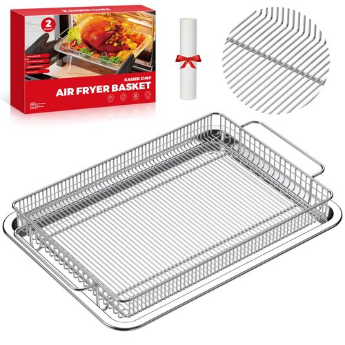 Air Fryer Basket for Oven,Ease Of Cleaning,Air Fryer Basket and Stainless Steel Baking Tray Pant Oven with 50 Sheets Parchment Papers,Air Fryer Pan Rack for Cooking Baking Dishwasher (1 Set L)