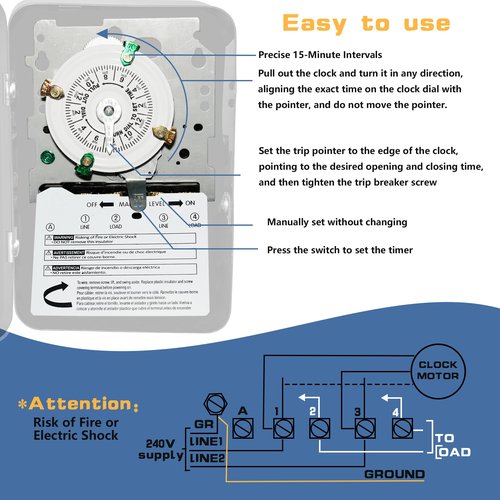 T104 Electromechanical Timer Switch,40A Load Capacity,1-12 Cycles Per Day - Manual Override,Versatile Scheduling