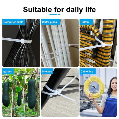 REZOSY White Zip Ties 8 Inch 100 Pack Clear Tensile Strength 40 lbs UV Resistant Industrial Cable Ties Self Locking Zipties Wire Ties Wrap Indoor Outdoor Use for Fence Garage Camping