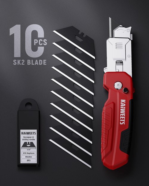 KAIWEETS Utility Knife Scraper, 2-in-1 Folding Box Cutter with Blade Storage, Heavy Duty Zinc Alloy Body, Retractable Design, 12pcs SK2 Black Blades replacement, EDC Tool for Home, Office, DIY– Red