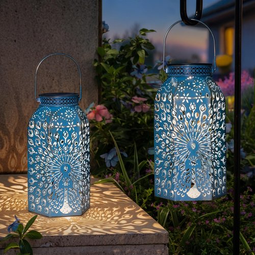 Outdoor Solar Lanterns Waterproof Peacock Garden Gifts Women Mom, Big Solar Lights, Garden Decor, Yard Art, Outside Birthday, Mothers' Day Birthday Gifts Grandma Grandpa(2Pack, Blue Gold