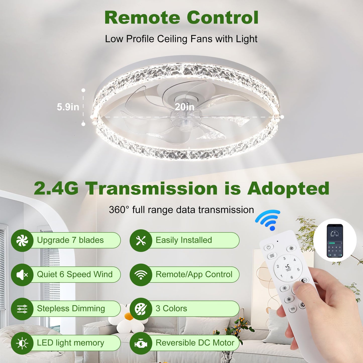 HULKNPE Smart Ceiling Fans with Lights 20" Low Profile Ceiling Fan with Light and Remote Modern Flush Mount Modern LED Ceiling Fan Dimmable Reversible Noiseless 6 Speeds for Bedroom Kids Room Kitchen