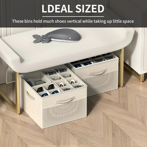 Aokeyee Shoe Organizer for Closet, 2 Pack Foldable Shoe Storage Organizer Box Bin with Adjustable Dividers and Clear Cover, Fits up to 16-32 Pairs (Beige)