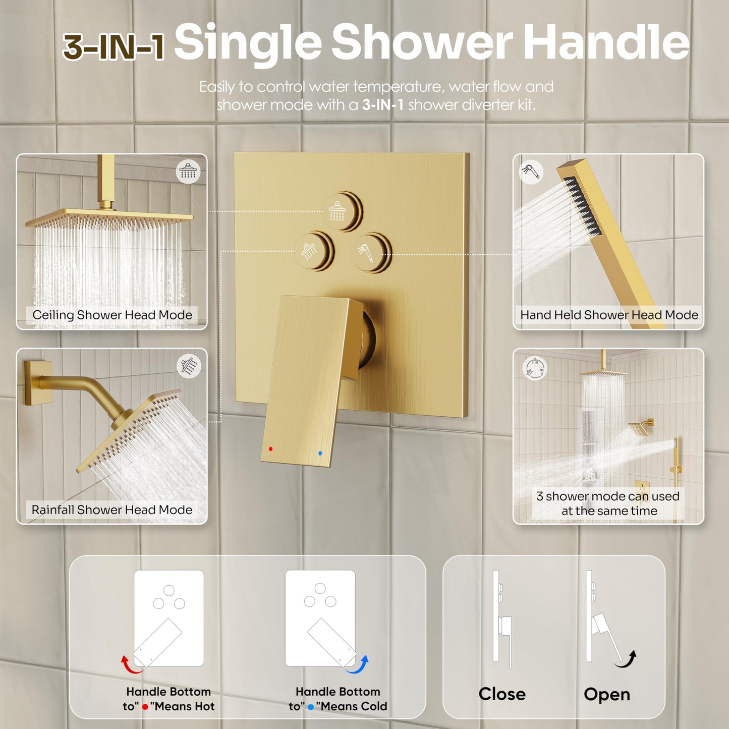 Gold Shower Faucet Set, Brushed Gold Shower System, 10'' Ceiling Shower Head and 6'' Wall Mounted ShowerHead, Dual Gold Shower Head with Handheld Combo, 3 In 1 Push Button Shower Diverter Valve