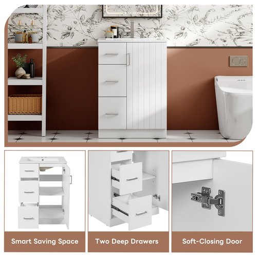 Merax Modern Linear 24" Bathroom Vanity with Sink, Powder Room Small Bathroom Vanity with Storage Cabinet and 2 Drawers, Adjustable Shelf, Ceramic Sink Top, Painted Finish